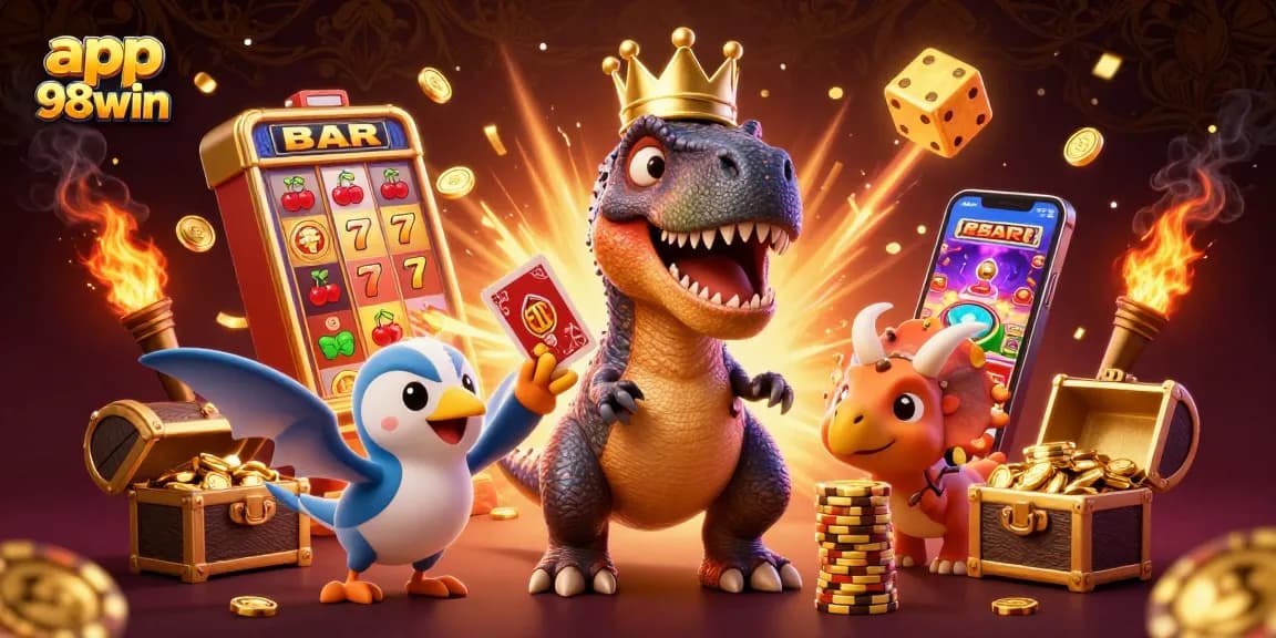 Experience the exciting app 98win with vibrant casino visuals including dinosaurs and slot machines!