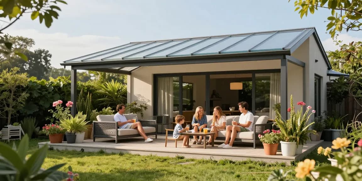 Freistehende Terrassenüberdachung im Garten mit Familie, sonnig und einladend.