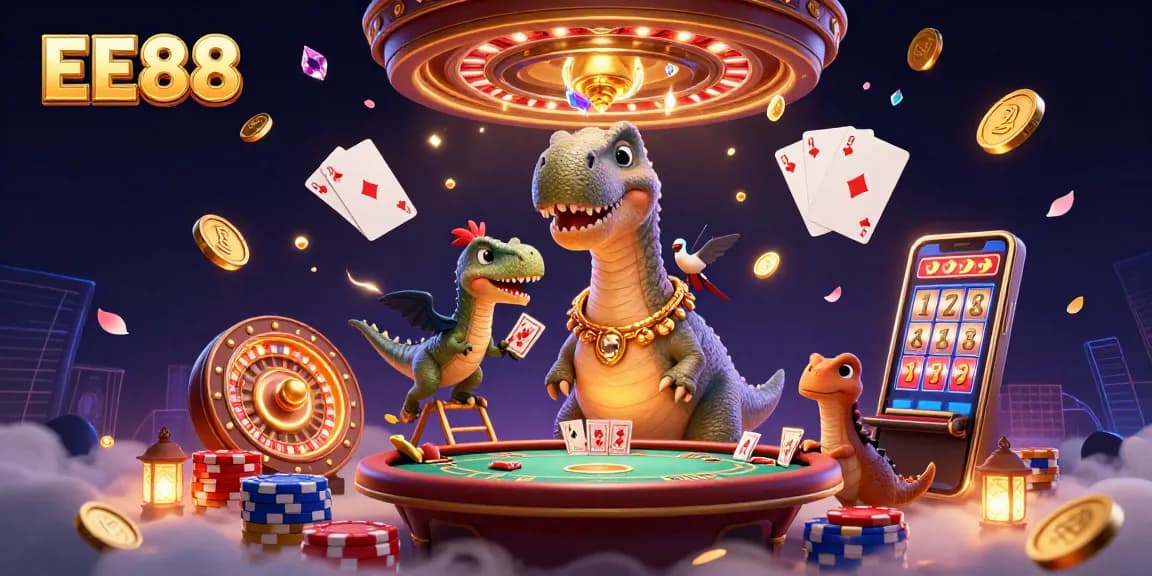 EE88 gaming experience with whimsical 3D characters in a vibrant casino environment