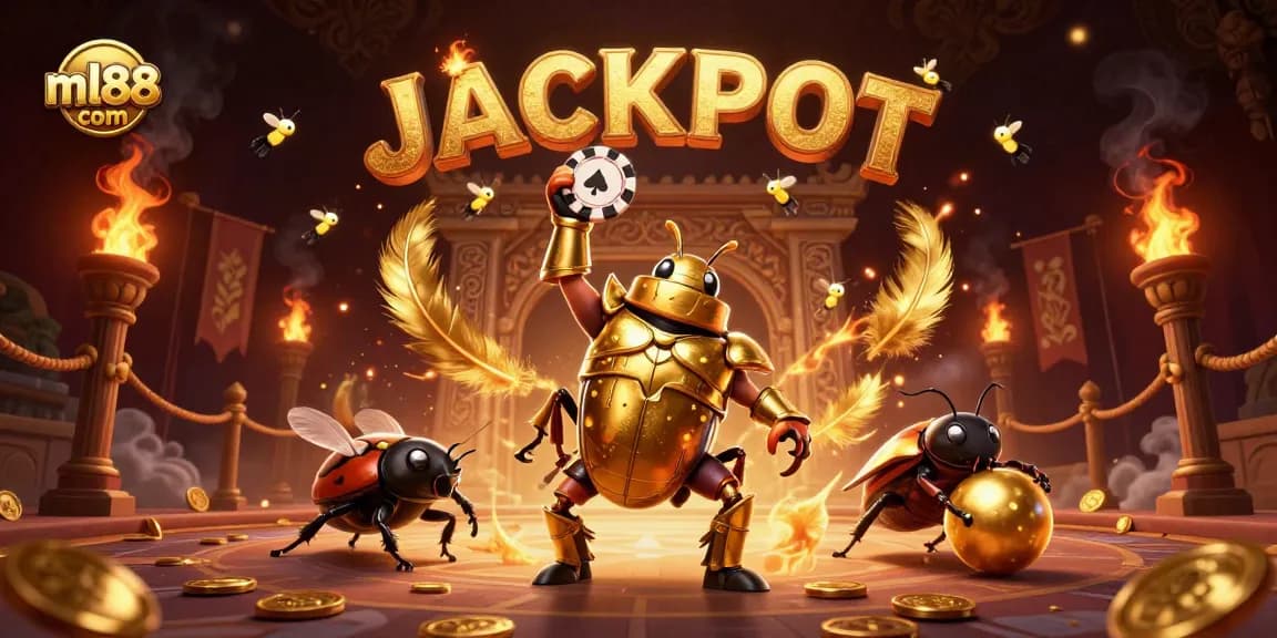 Join the action at ml88 com as a hercules beetle lifts a poker chip in a vibrant 3D casino scene!