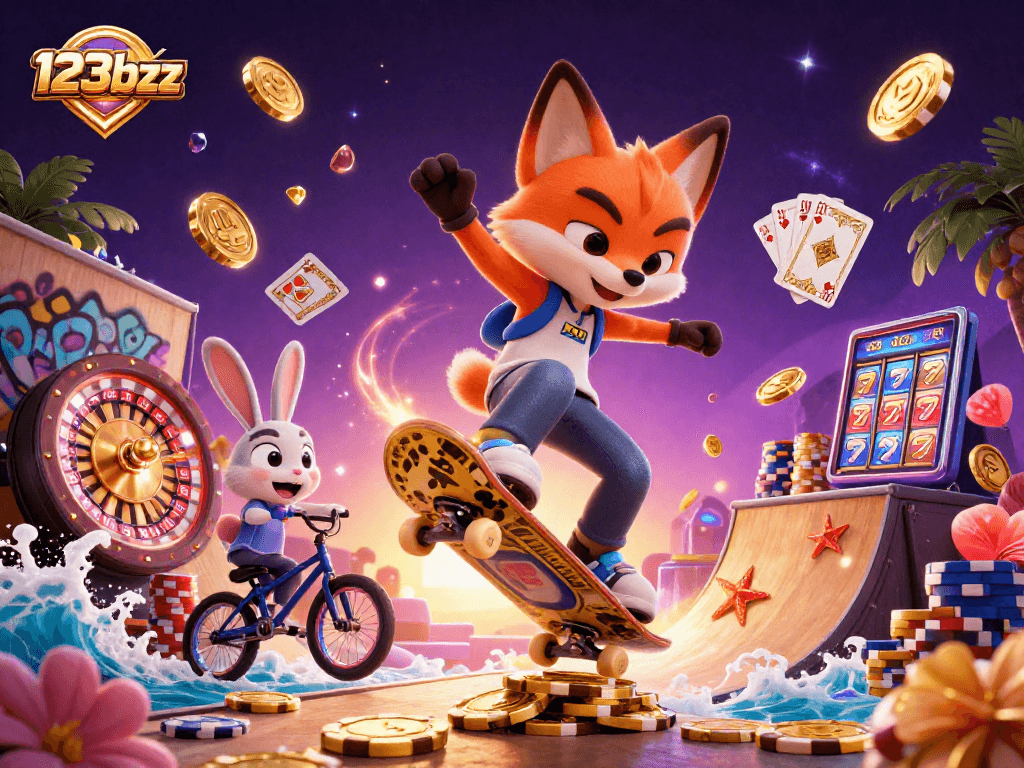 Experience vibrant gambling action with 123bzz as a fox performs tricks above golden chips