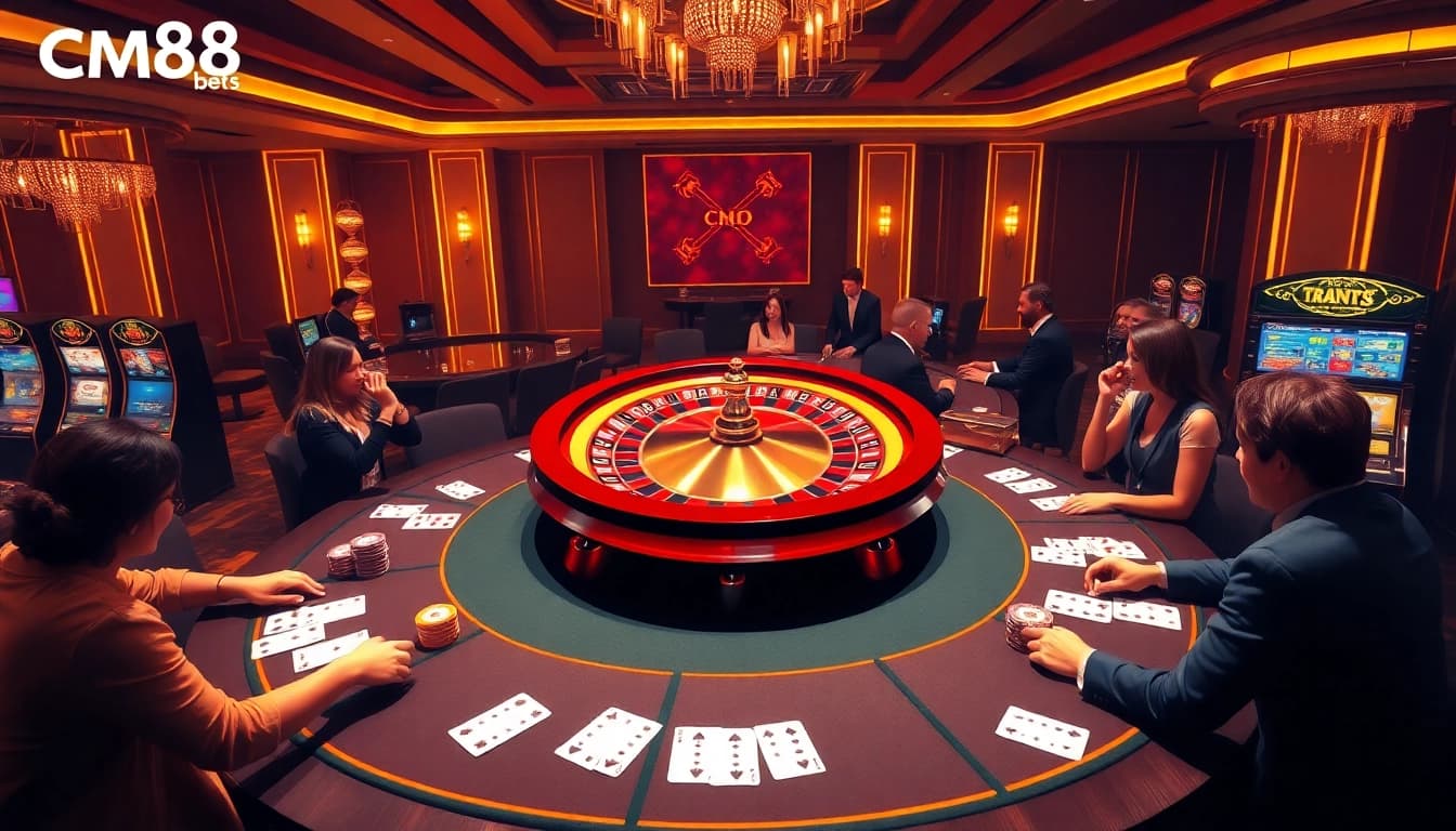 Enjoying thrilling gameplay at CM88 with a vibrant roulette wheel and poker tables.