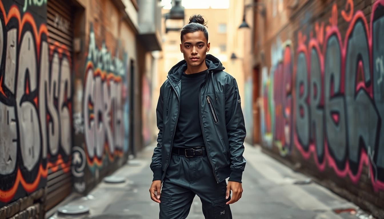 Präsentation eines stylischen Techwear-Outfits in urbanem Umfeld.