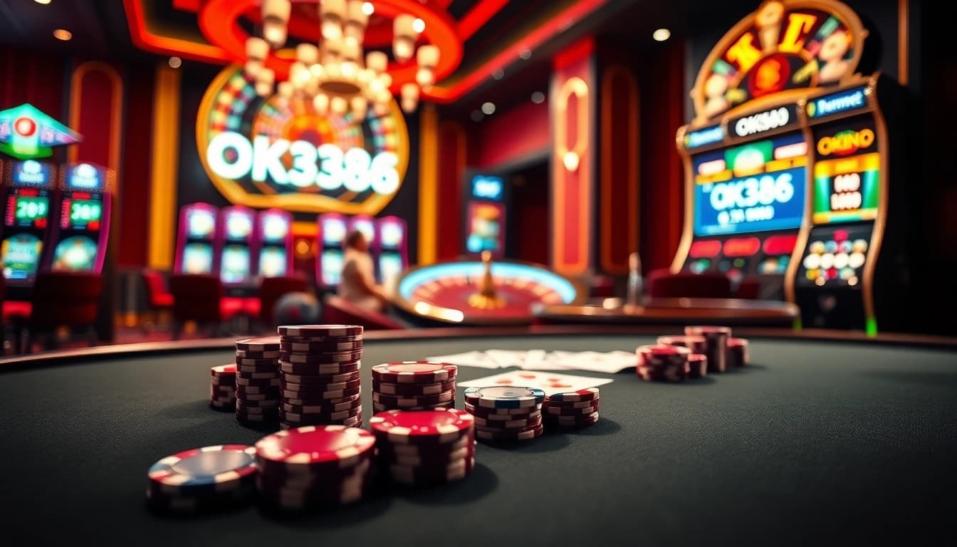 Experience the thrill of gambling at OK8386 with luxurious casino tables and vibrant slot machines.