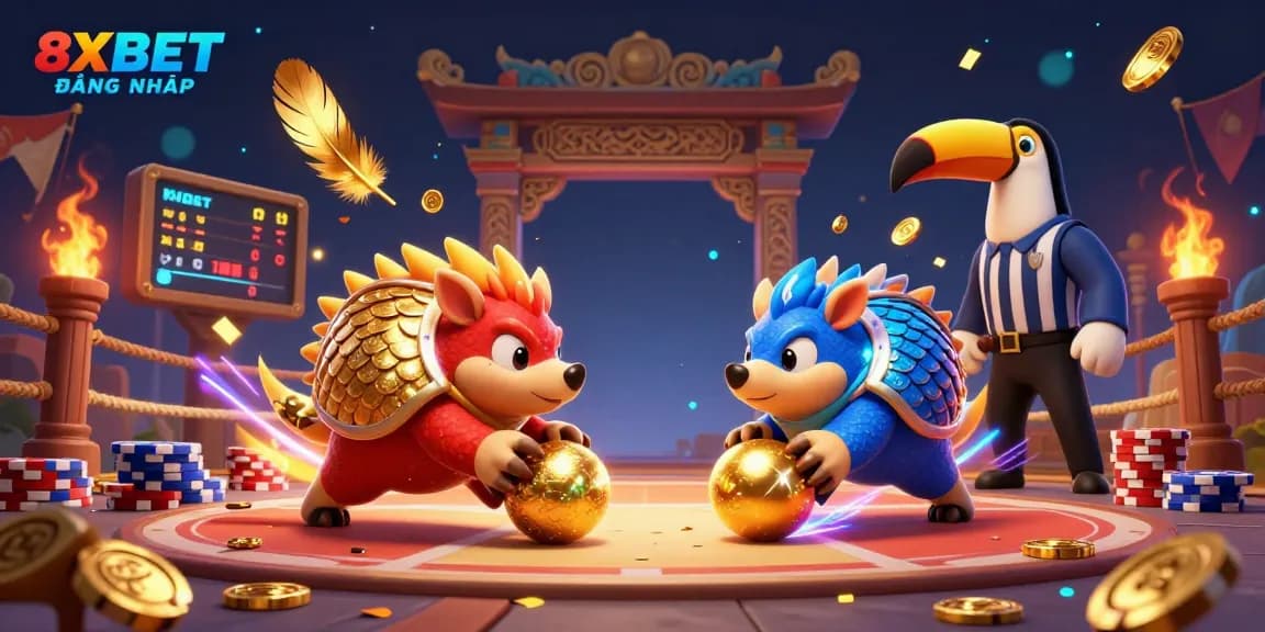 Play exciting games with 8XBET ĐĂNG NHẬP as rival pangolins roll gold balls amidst poker chips.