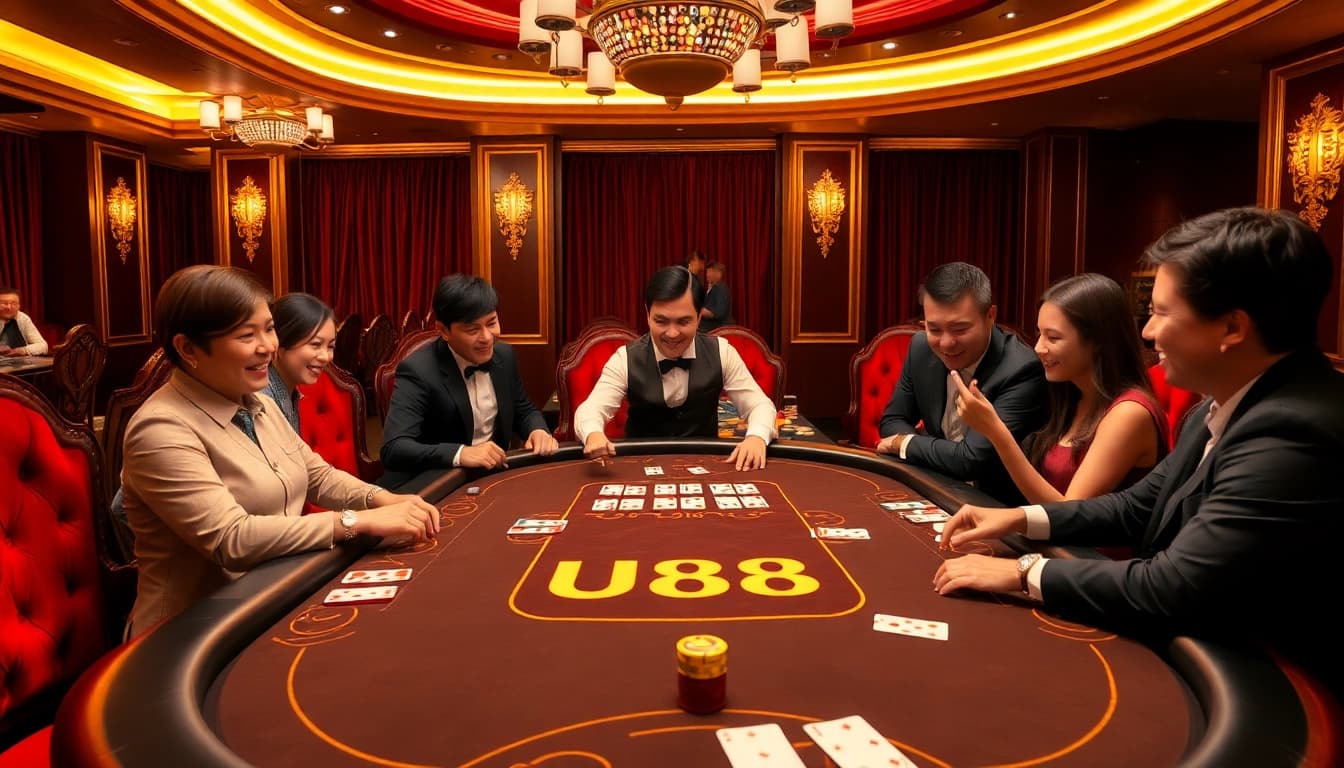 Players enjoying high-stakes poker at U888 casino table, surrounded by luxury and excitement.