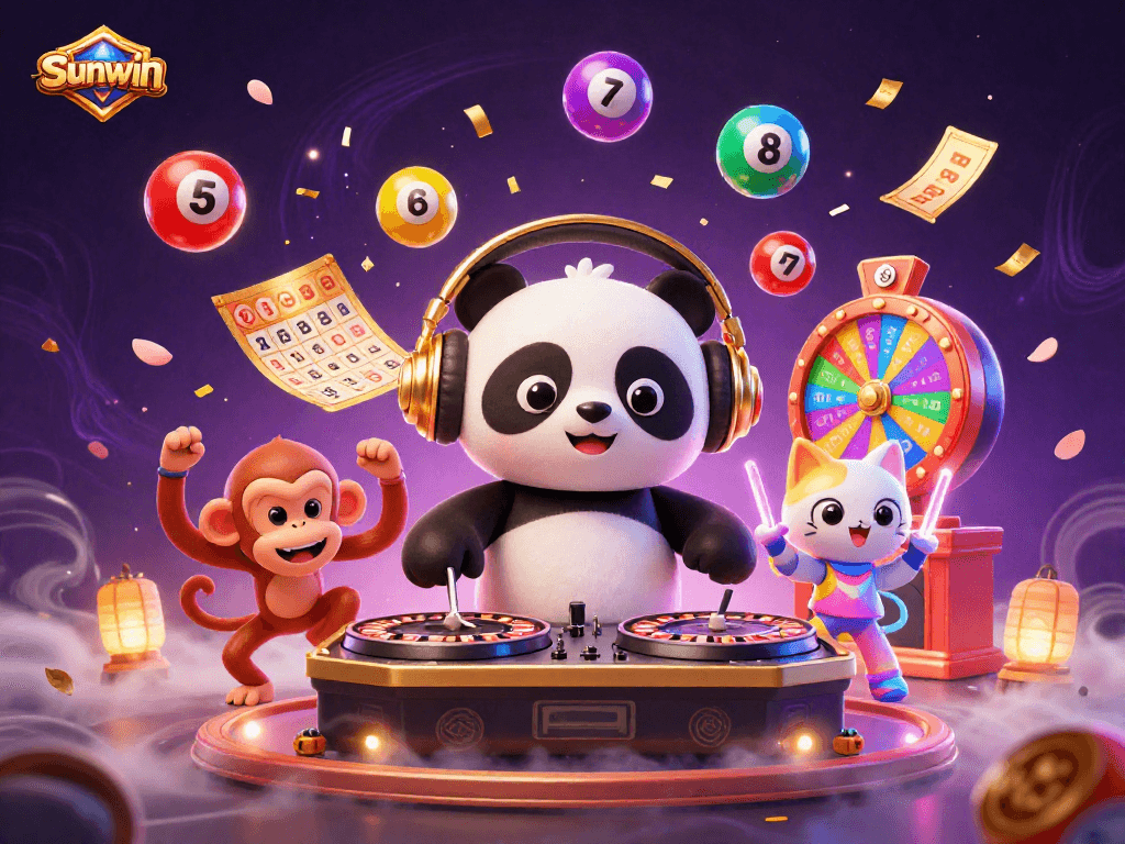 Sunwin brings excitement with a DJ panda, dancing monkey, and a glowing kitten in a lively casino scene.