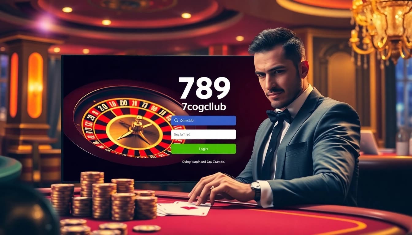 Experience the thrill of đăng nhập 789club with a vibrant casino scene featuring a roulette wheel and poker cards.