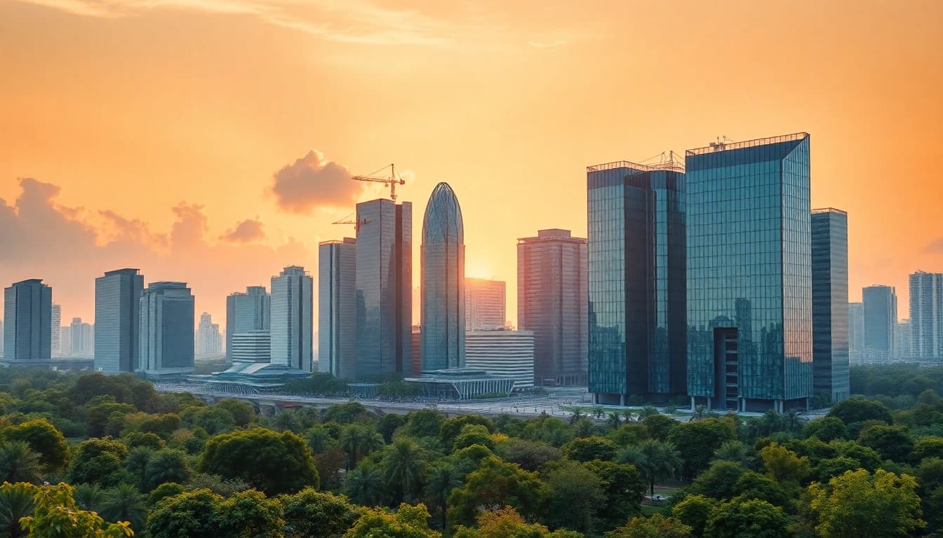 Architektur visualisierung einer modernen Stadtlandschaft mit einem lebendigen Park und futuristischen Gebäuden.
