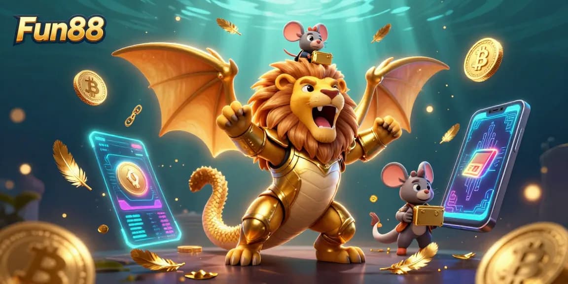 Engage with Fun88's immersive 3D illustration showcasing thrilling cryptocurrency gaming elements.