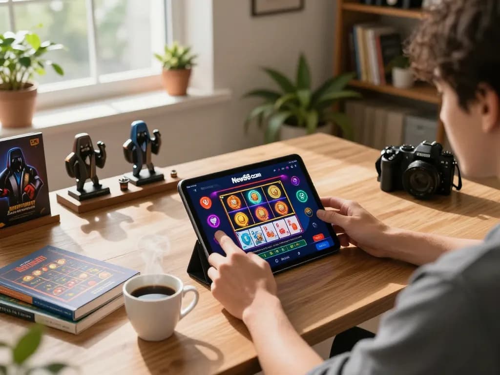 Engaging online gaming experience with New88 com app on a tablet, showcasing vibrant casino visuals and a cozy workspace.