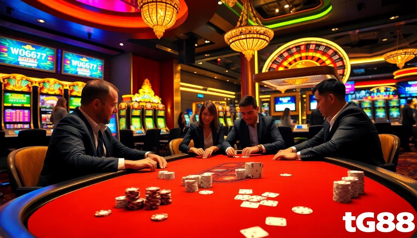 Exciting poker game at tg88 casino with vibrant atmosphere and luxury elements.