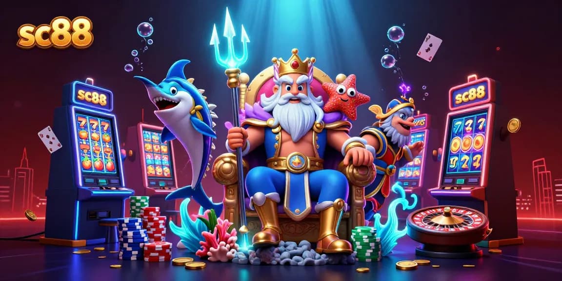 Engage in thrilling casino options with sc88's vibrant 3D illustration showcasing Neptune and gaming elements.