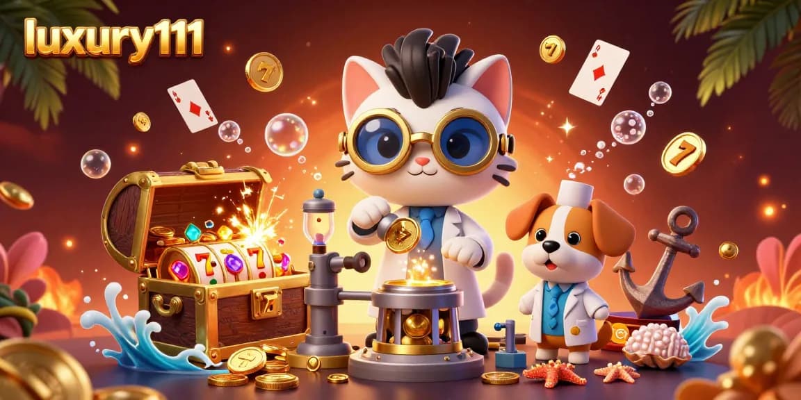 Experience the thrill with luxury111, showcasing a lively casino scene featuring a mad scientist cat and playful dog surrounded by slot elements and treasures.