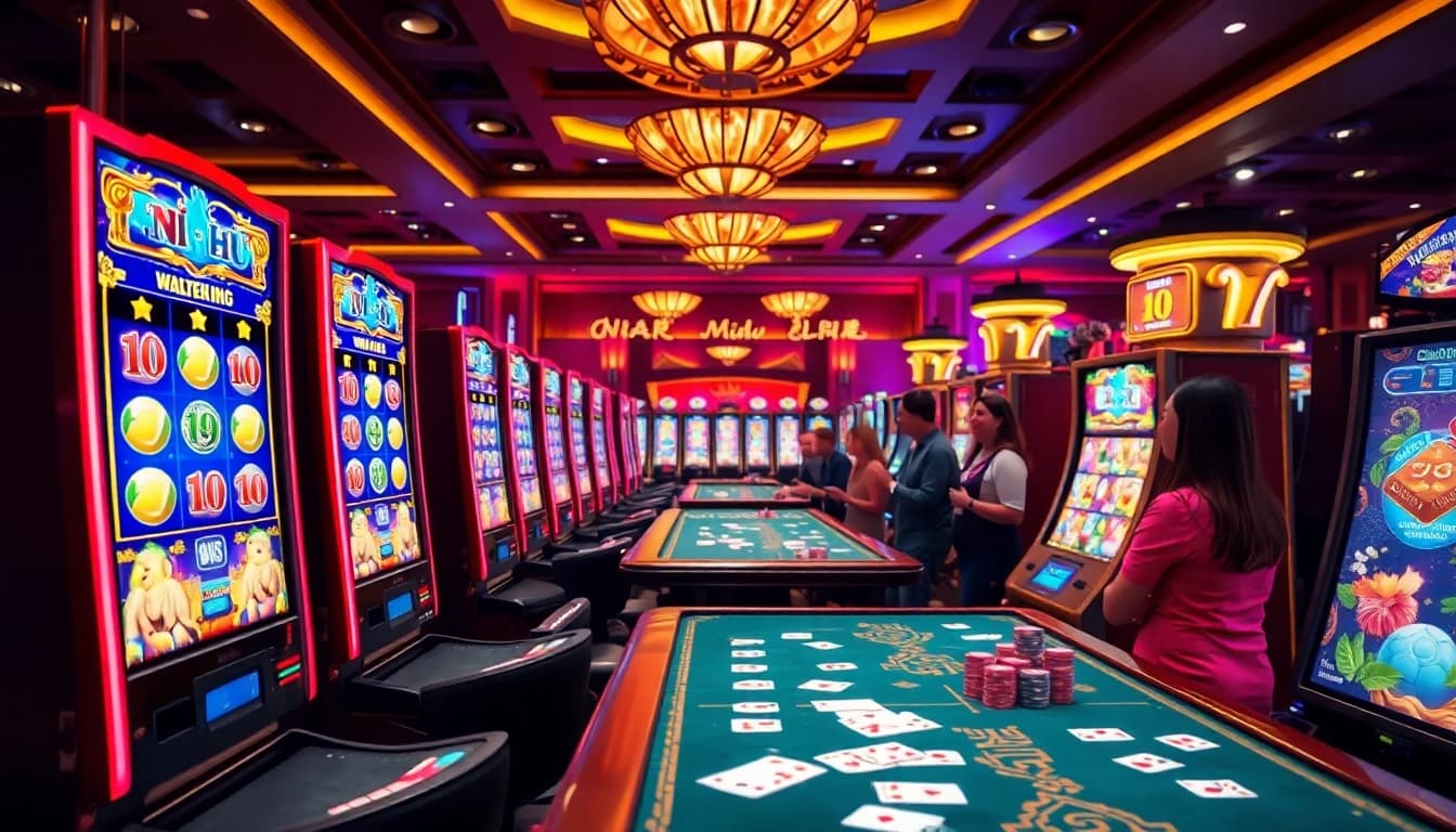 Engaging players spin nổ hũ slot machines in a vibrant casino atmosphere.