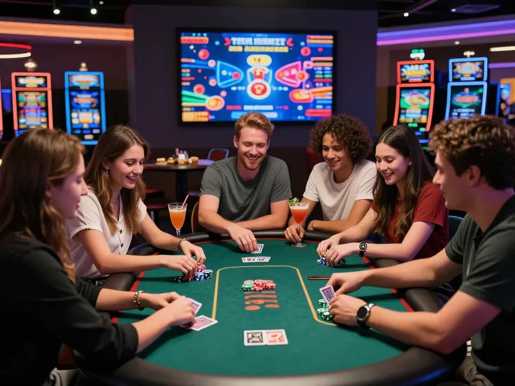 Group enjoying aud77 gaming experience at a lively casino.