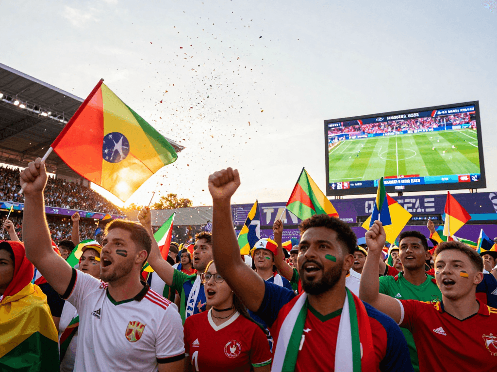 Faszination wm fussball 2026: Begeisterte Fans in einem Stadion, jubelnd mit Nationalflaggen.
