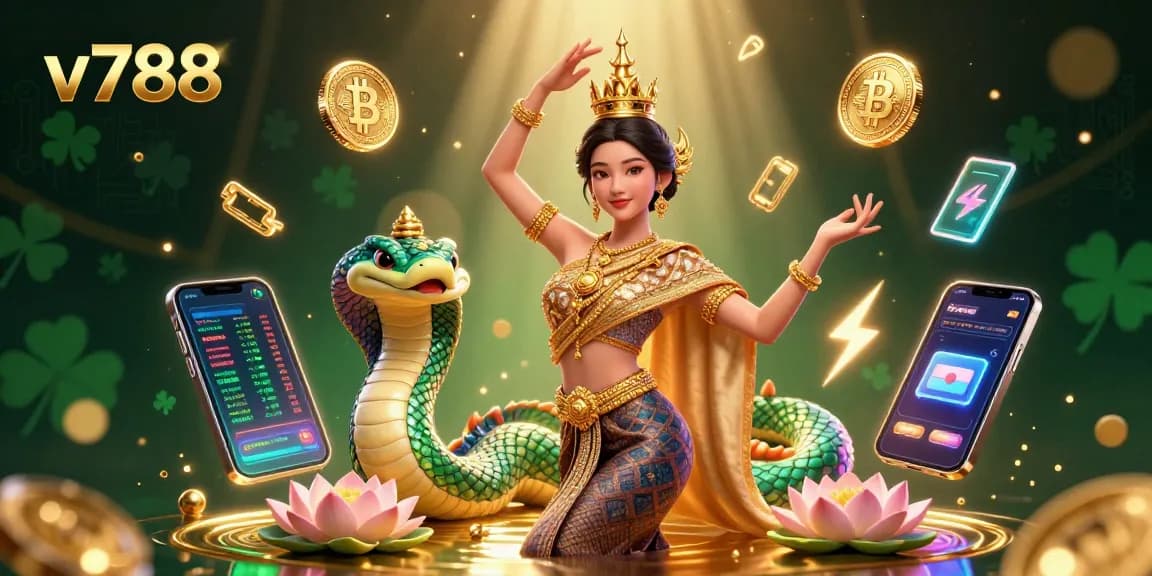 Engage with thrilling v788 gameplay in a vibrant 3D illustration featuring traditional and crypto elements.