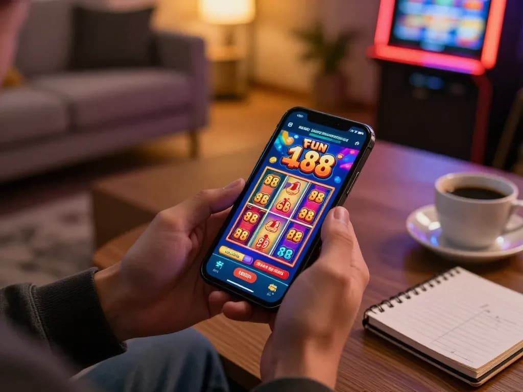 Player engaging with fun 88 mobile casino app in a cozy living room, showcasing vibrant online gambling experience.