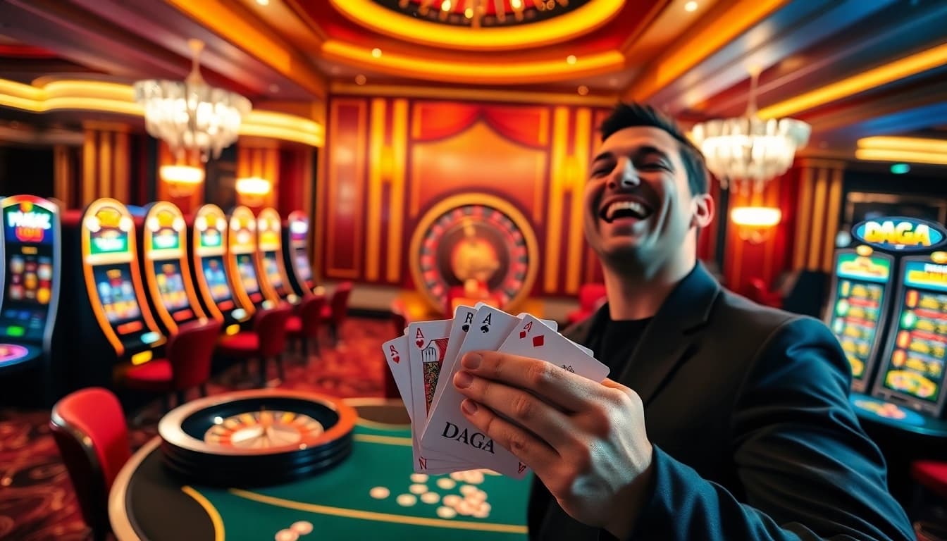 A lively casino scene showcasing a poker game win at DAGA, with vibrant slot machines and a roulette wheel.
