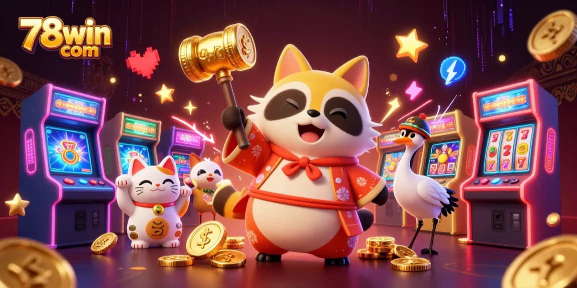 Experience the vibrant energy of 78win com in this 3D illustration of a cheerful tanuki and friends at a colorful online casino