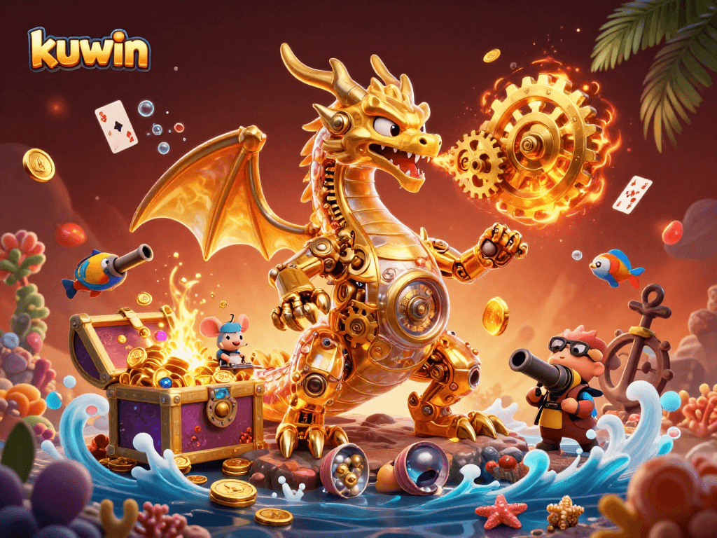Kuwin casino's golden dragon and tiny engineer reveal vibrant treasures in this dynamic gambling-themed illustration