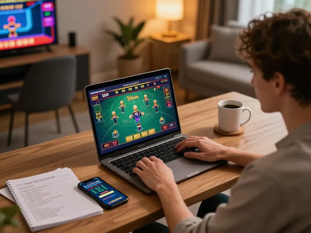 13WIN online casino gaming scene with player engaged on laptop and smartphone, responsible gambling atmosphere.