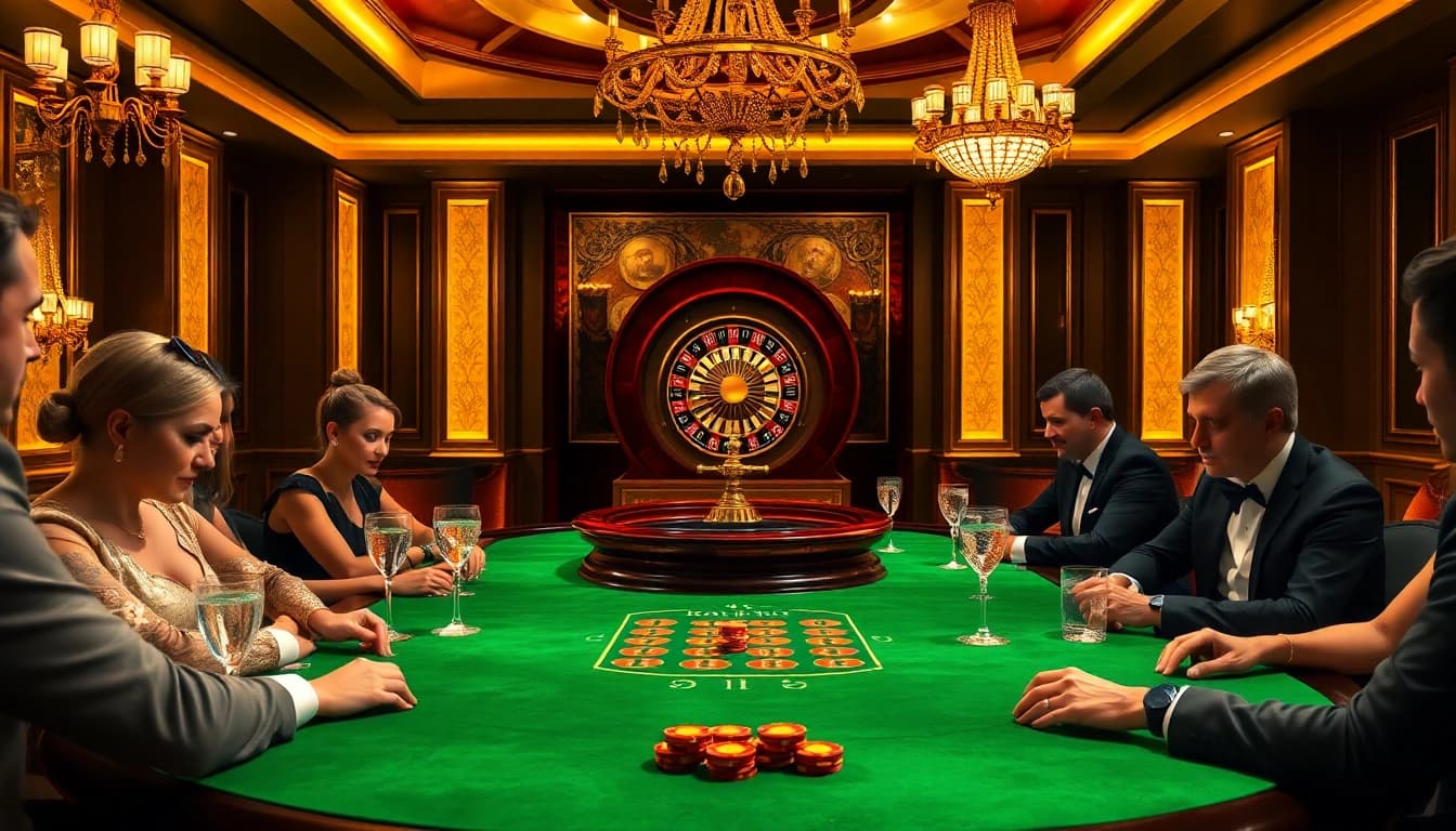 Play at a vibrant poker table in a luxurious casino, featuring tr88 poker chips and elegant decor.