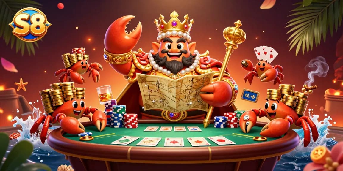 Experience the S8 gaming adventure with a stunning poker scene featuring a crab emperor and treasures.