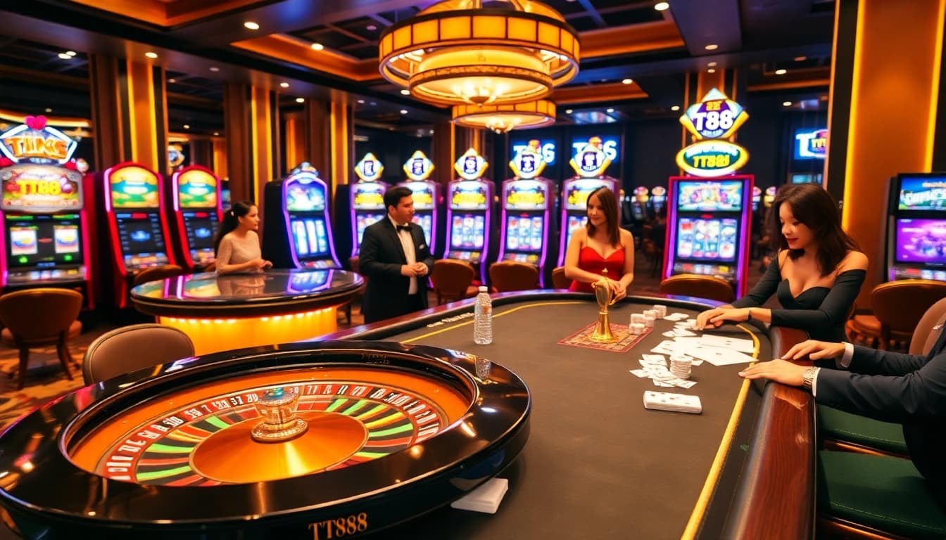 Experience the excitement of TT88 with a vibrant casino atmosphere featuring roulette and slot machines.