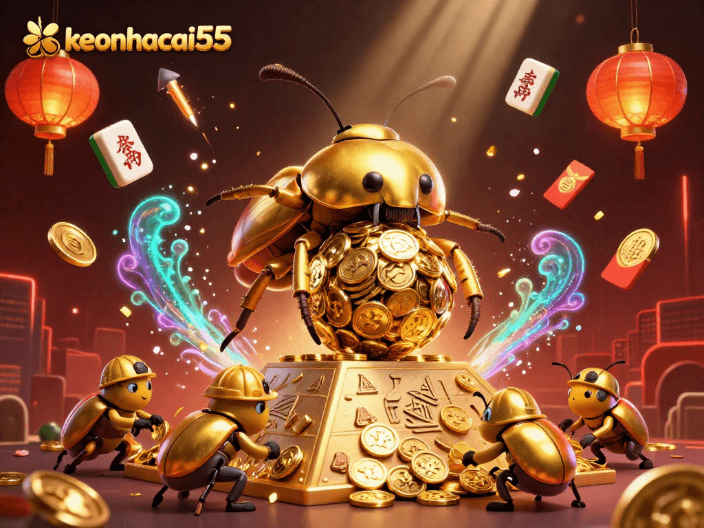 Engage with keonhacai55 in a vibrant 3D casino adventure featuring golden beetles and festive elements.
