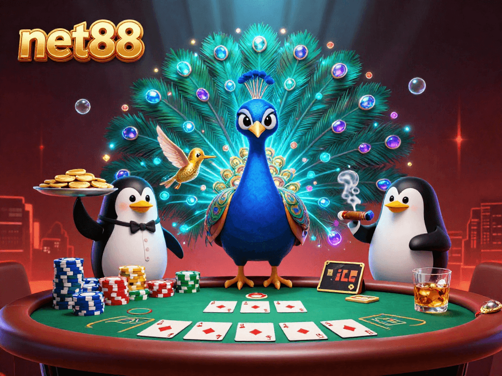 Experience gaming excitement with net88's vibrant casino-themed illustration featuring characters and rich details.