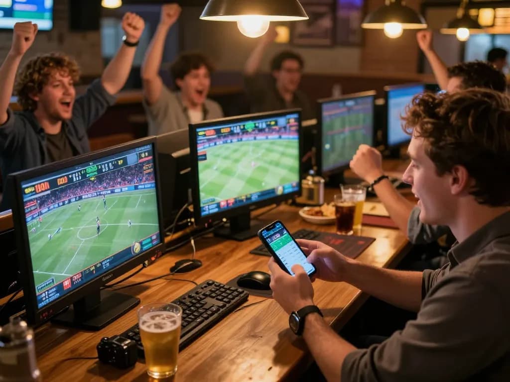 Action-packed moment of sports betting at a lively bar, engaging with the kèo nhà cái on a smartphone amidst cheering fans.