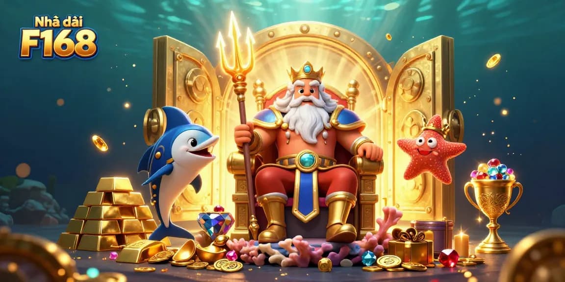 Engage with Nhà cái F168 in an immersive casino adventure featuring Neptune and gold treasures.