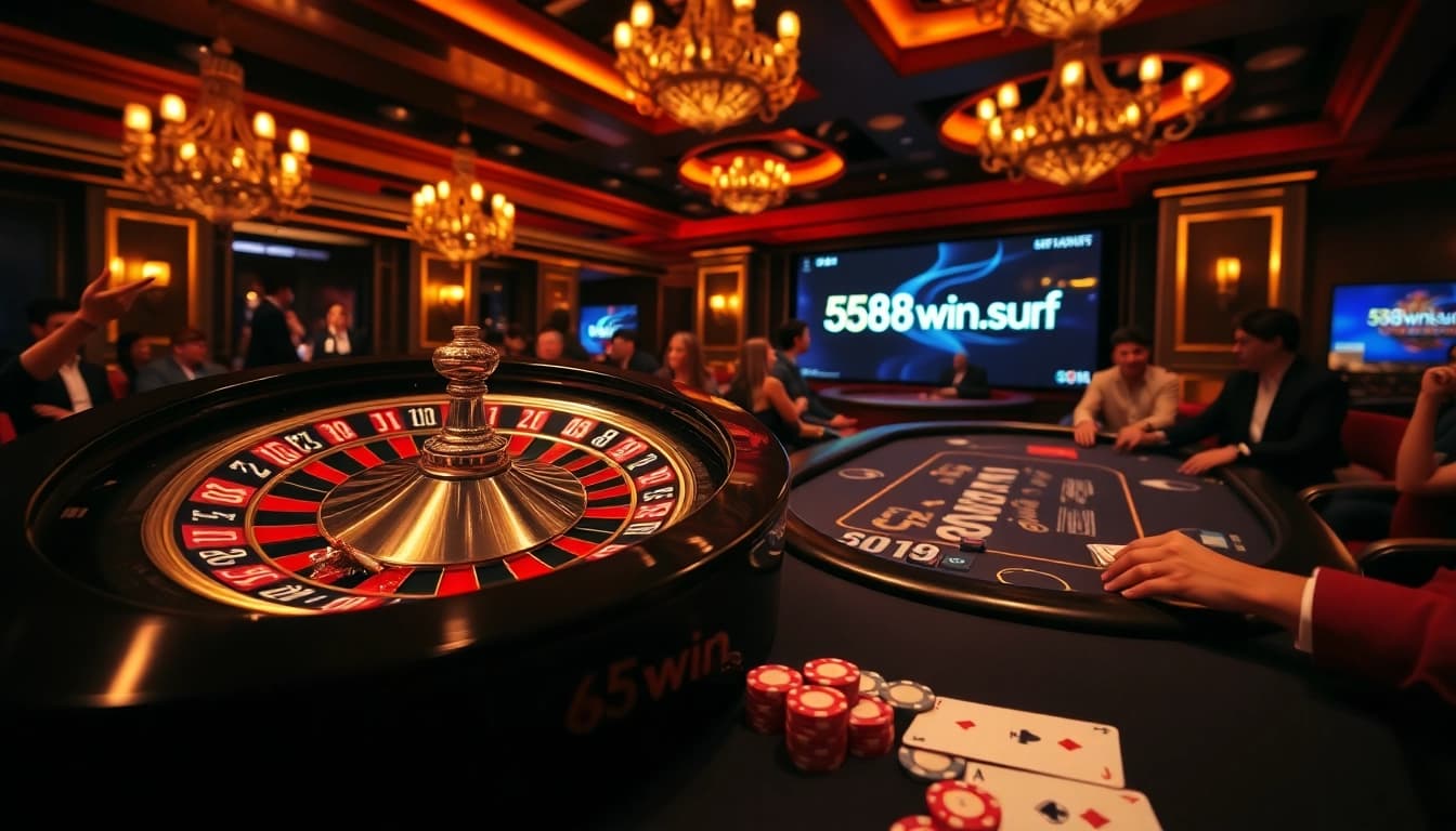 Thrilling gambling scene featuring 58win.surf, with a vibrant roulette wheel and luxury betting tables.