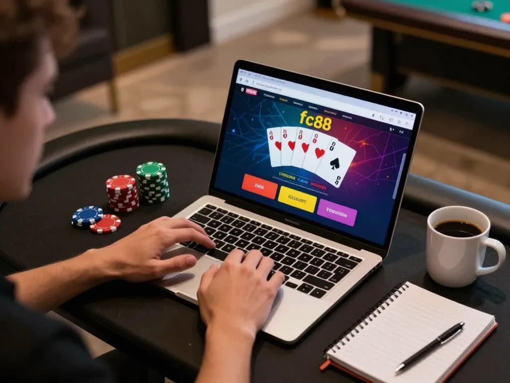 Player enjoying fc88 online casino on laptop, showcasing poker interface with engaging gameplay