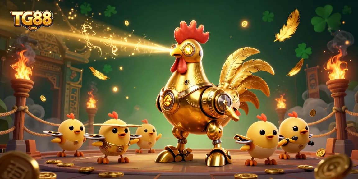 Engage with the thrilling experience of TG88COM as a futuristic rooster robot leads a squad of drones through a dynamic gambling arena.