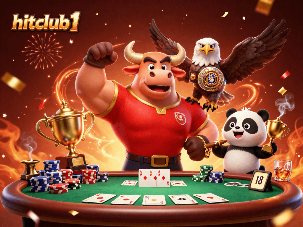 Hitclub1 celebrates wins with a victorious bull mascot, championship eagle, and trophy panda.