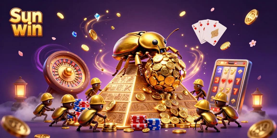 Spin to win with Sun win at this vibrant casino-themed 3D illustration featuring golden beetles and gems.