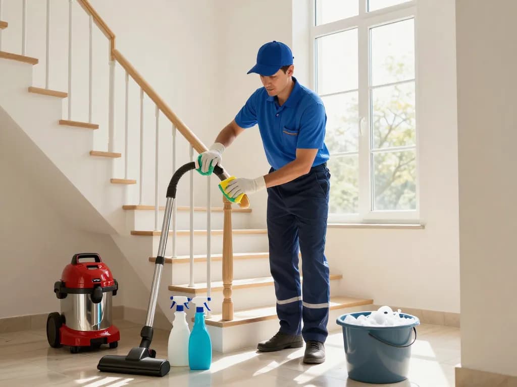 professionelle Treppenhausreinigung in Münster mit einem Reinigungskraft, der Sauberkeit in einem hellen Treppenhaus aufrechterhält