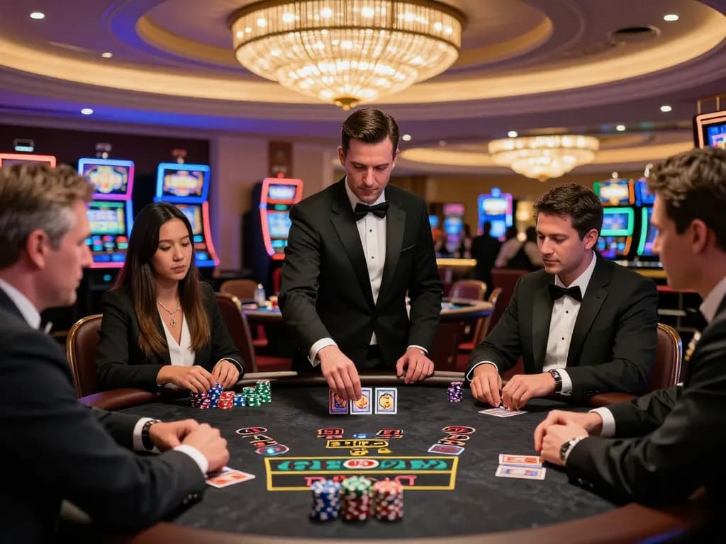 tg88 players showing skill at a blackjack table in a vibrant Las Vegas casino.