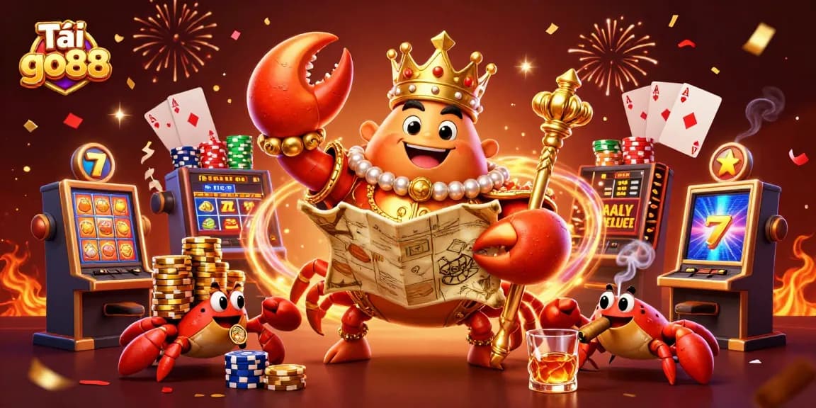 Engage with thrilling games at Tải go88 featuring a massive golden crab emperor surrounded by vibrant slot machines and poker elements.