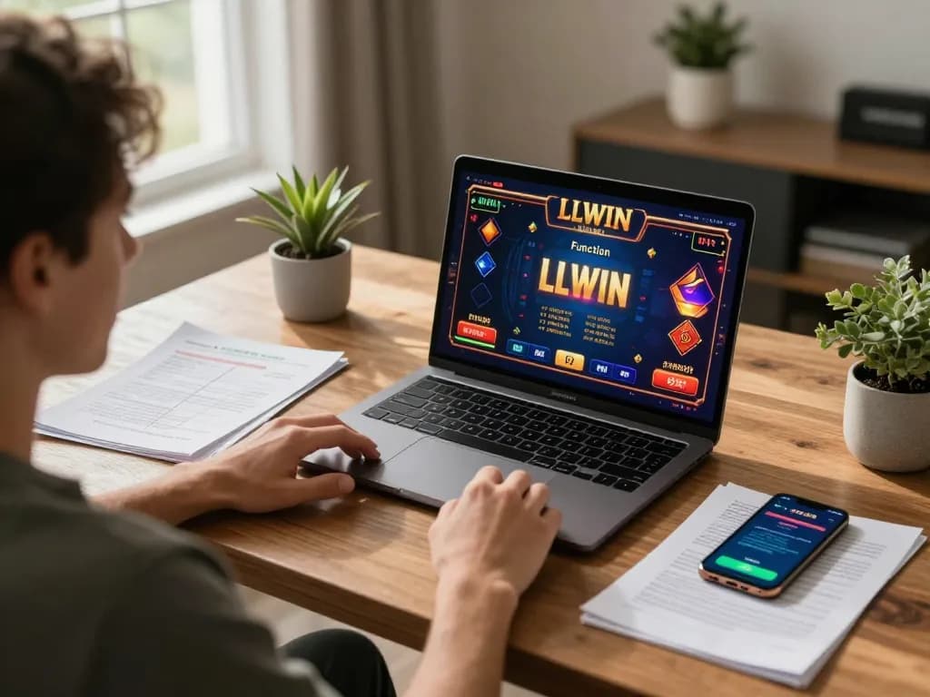 Engaging in LLWIN Function online gaming with vibrant graphics and strategy notes in a cozy home.