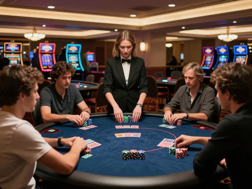Experienced players strategizing at a high-stakes poker game at 13win casino, intense atmosphere and professional dealer.