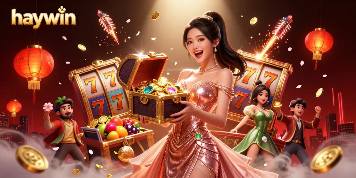 Play slots and win big with Haywin's vibrant treasure-themed illustration showcasing excitement and riches.