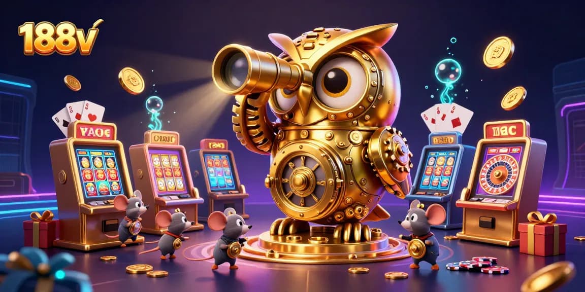 Engage with thrilling 188v casino action featuring a golden owl and busy slot machines in a vibrant scene.