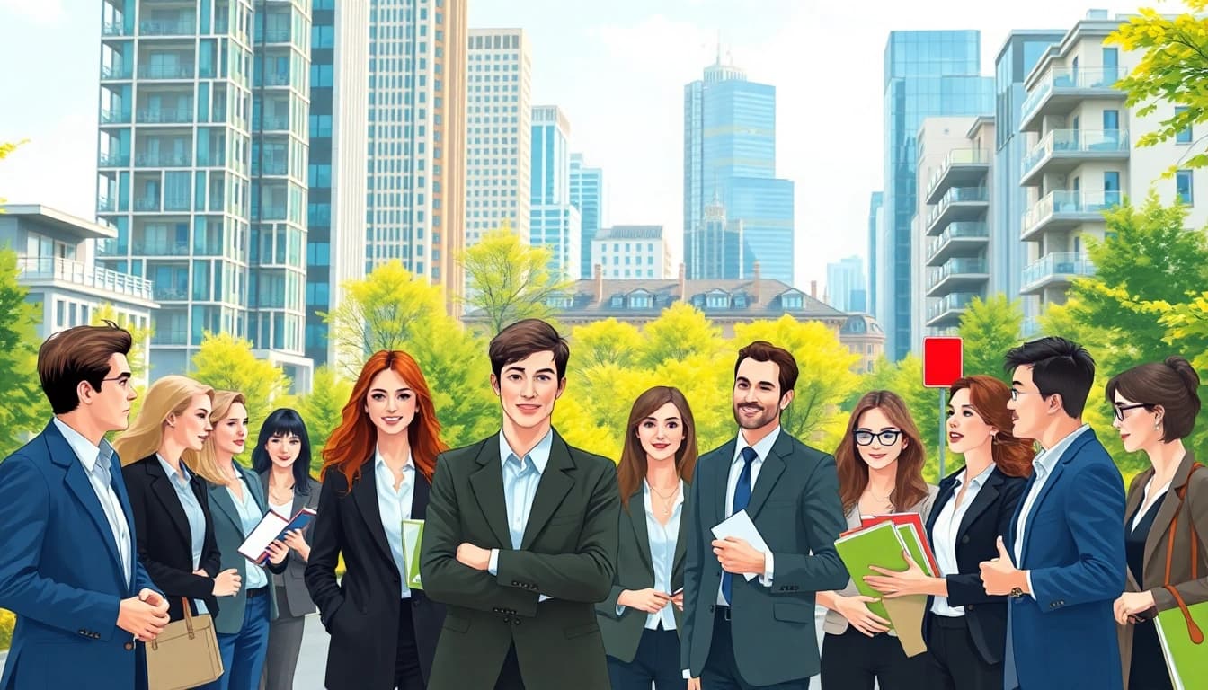 Immobilien Deutschland: Immersive view of real estate agents in a vibrant German city.