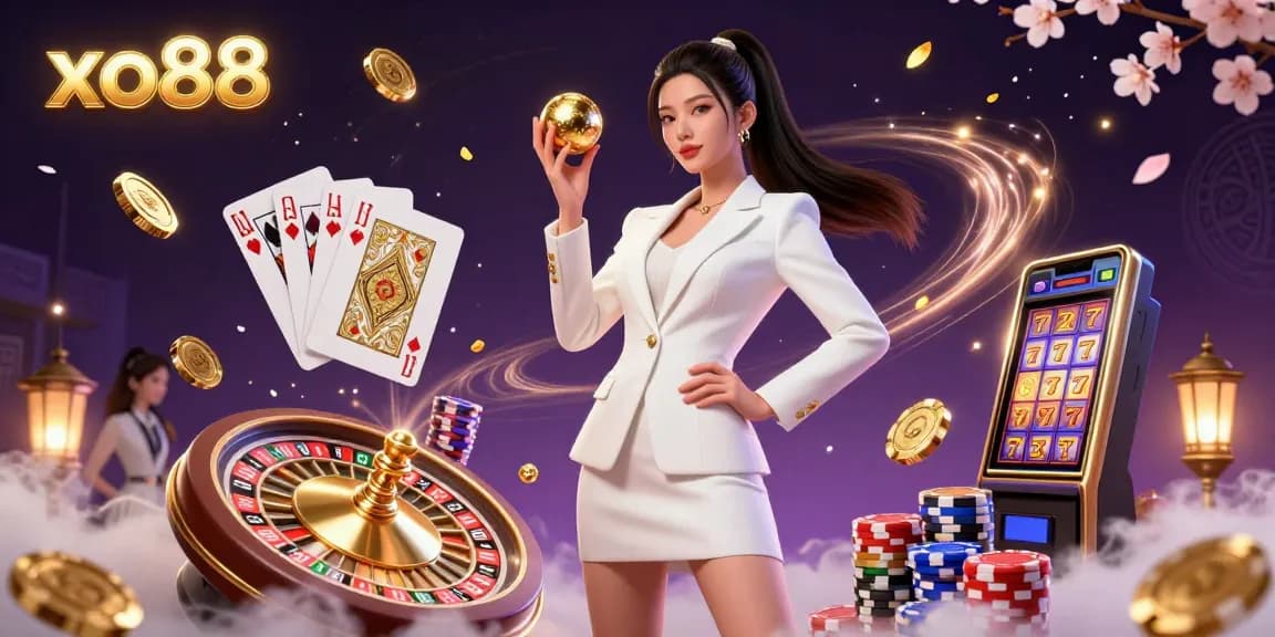 Experience the thrill of xo88 casino with a confident woman engaging with roulette and dynamic casino elements.