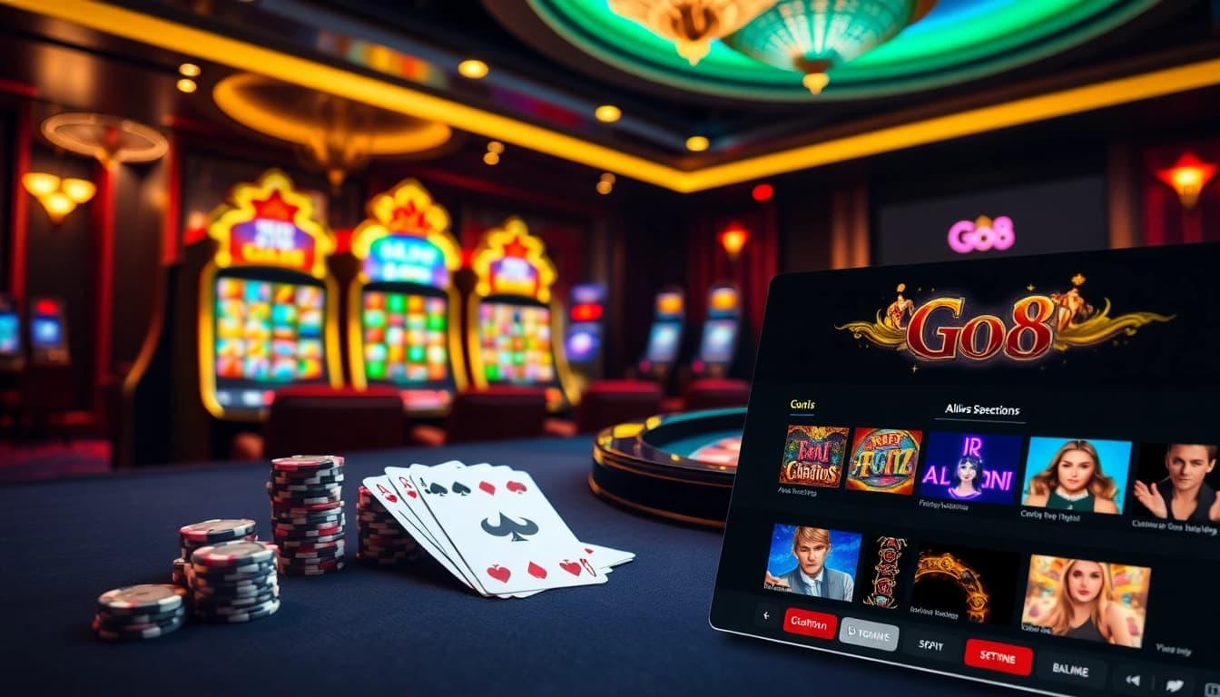 Experience the thrill of Go8 with vibrant casino visuals featuring poker chips and roulette.