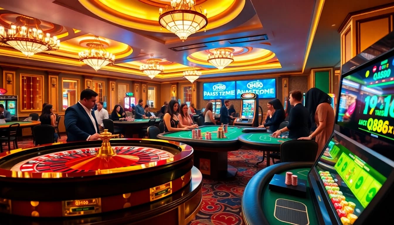 Exciting gambling action at qh88 casino with roulette and poker tables filled with players.